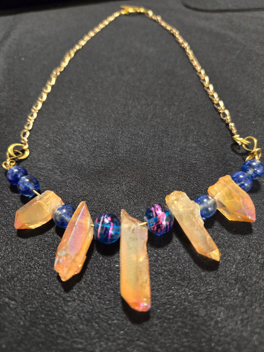 Amber Crystal Blue Bead Necklace