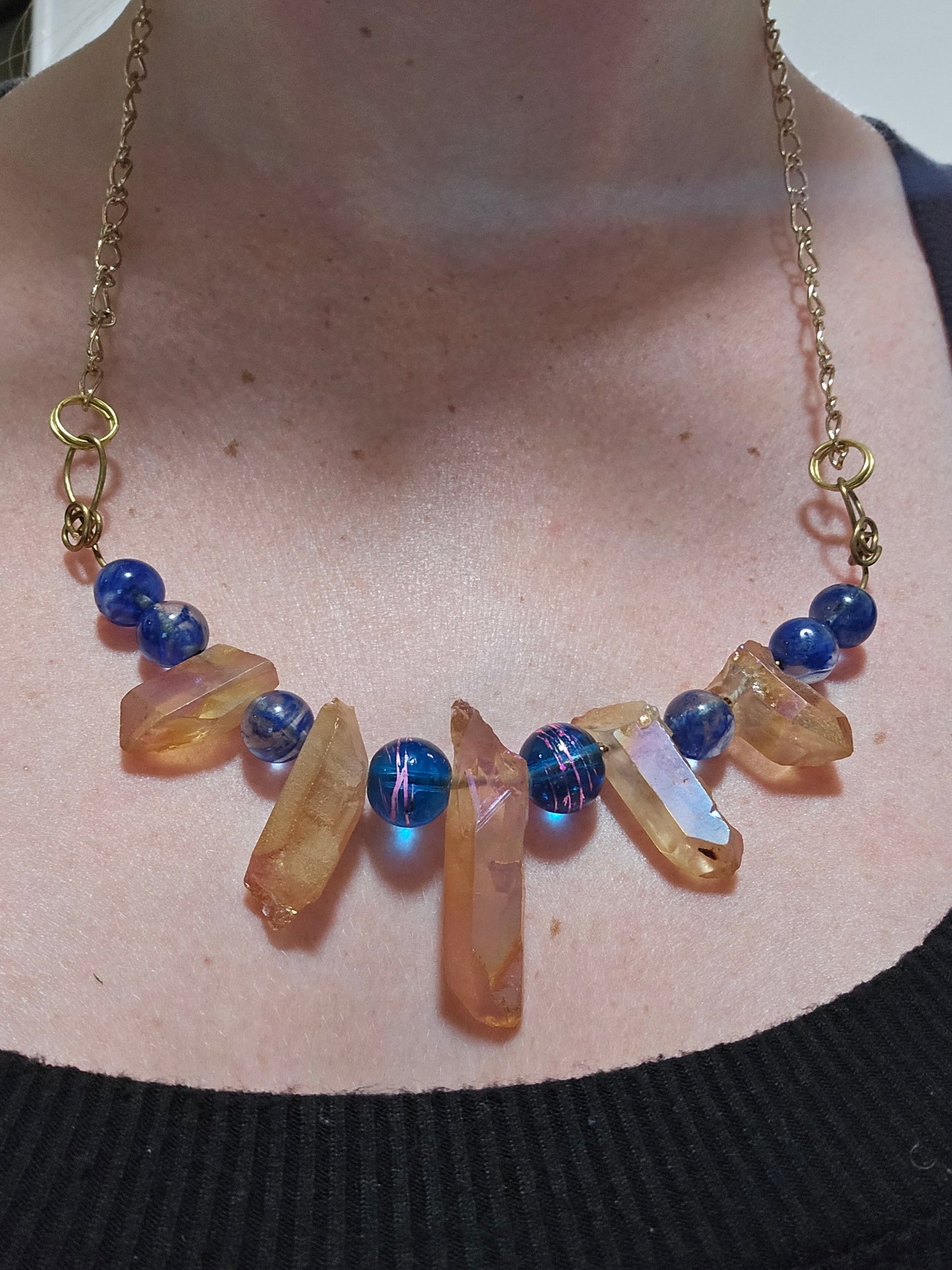 Amber Crystal Blue Bead Necklace