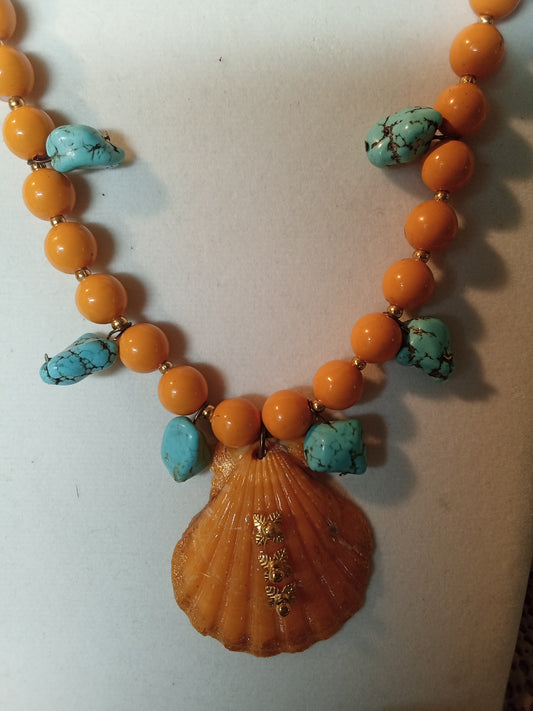 Turquoise nugget orange scallop necklace