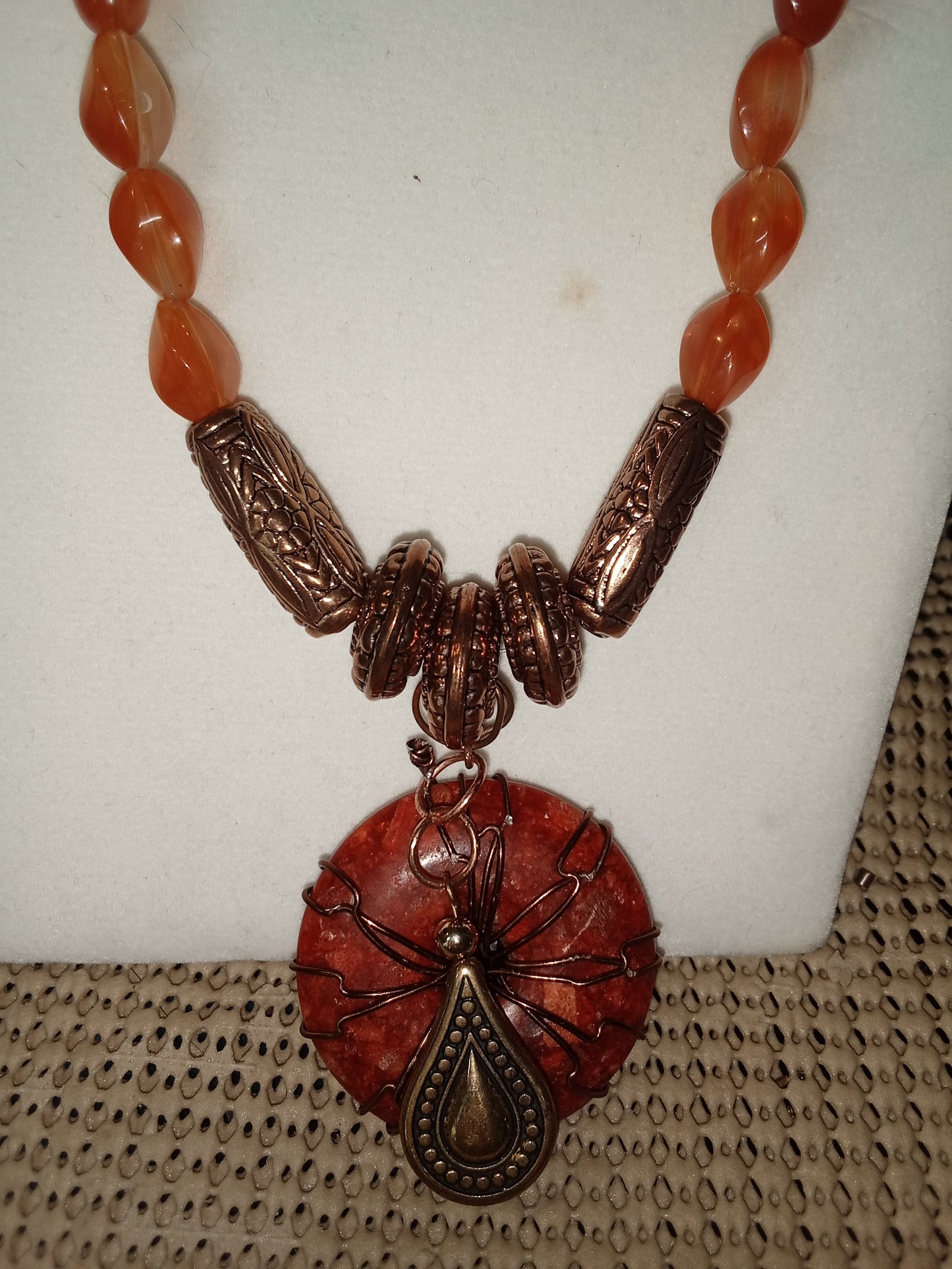 Coral copper wire wrapped doughnut necklace set