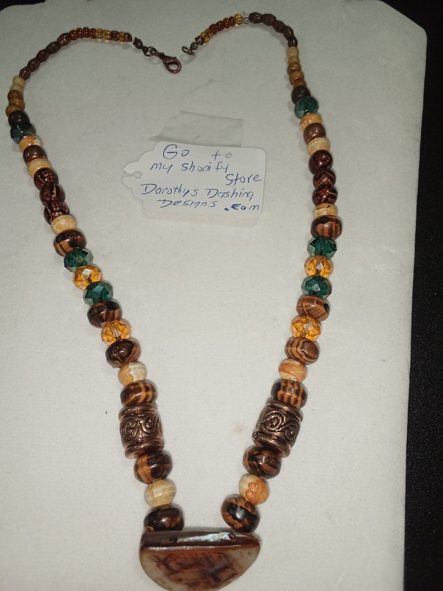 Teal crystal copper barrel bead necklace