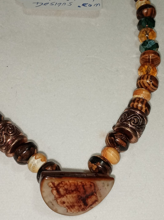 Teal crystal copper barrel bead necklace