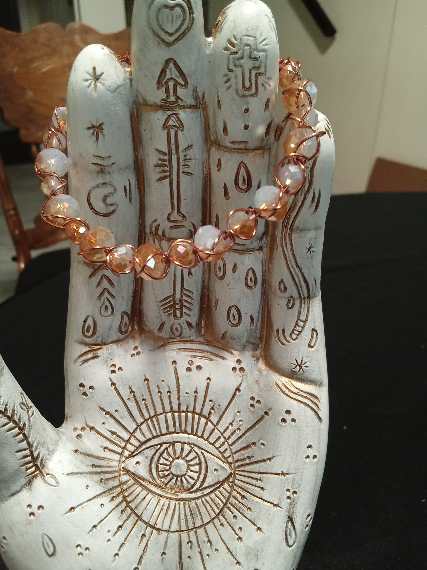 Copper wire wrapped moonstone look beaded bracelet