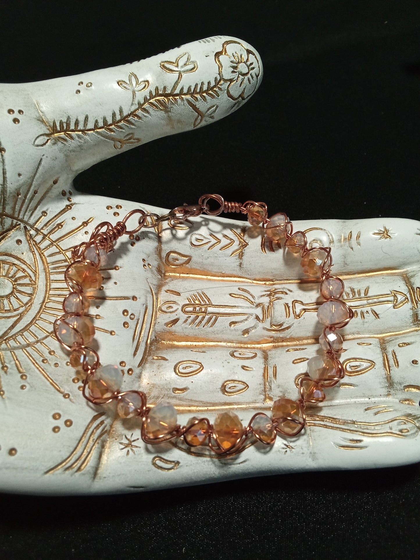 Copper wire wrapped moonstone look beaded bracelet