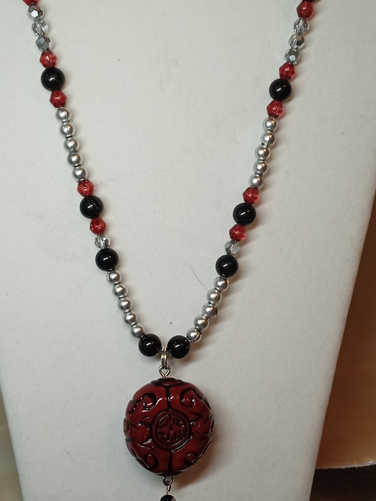 Red,Black,Silver glass pendant necklace