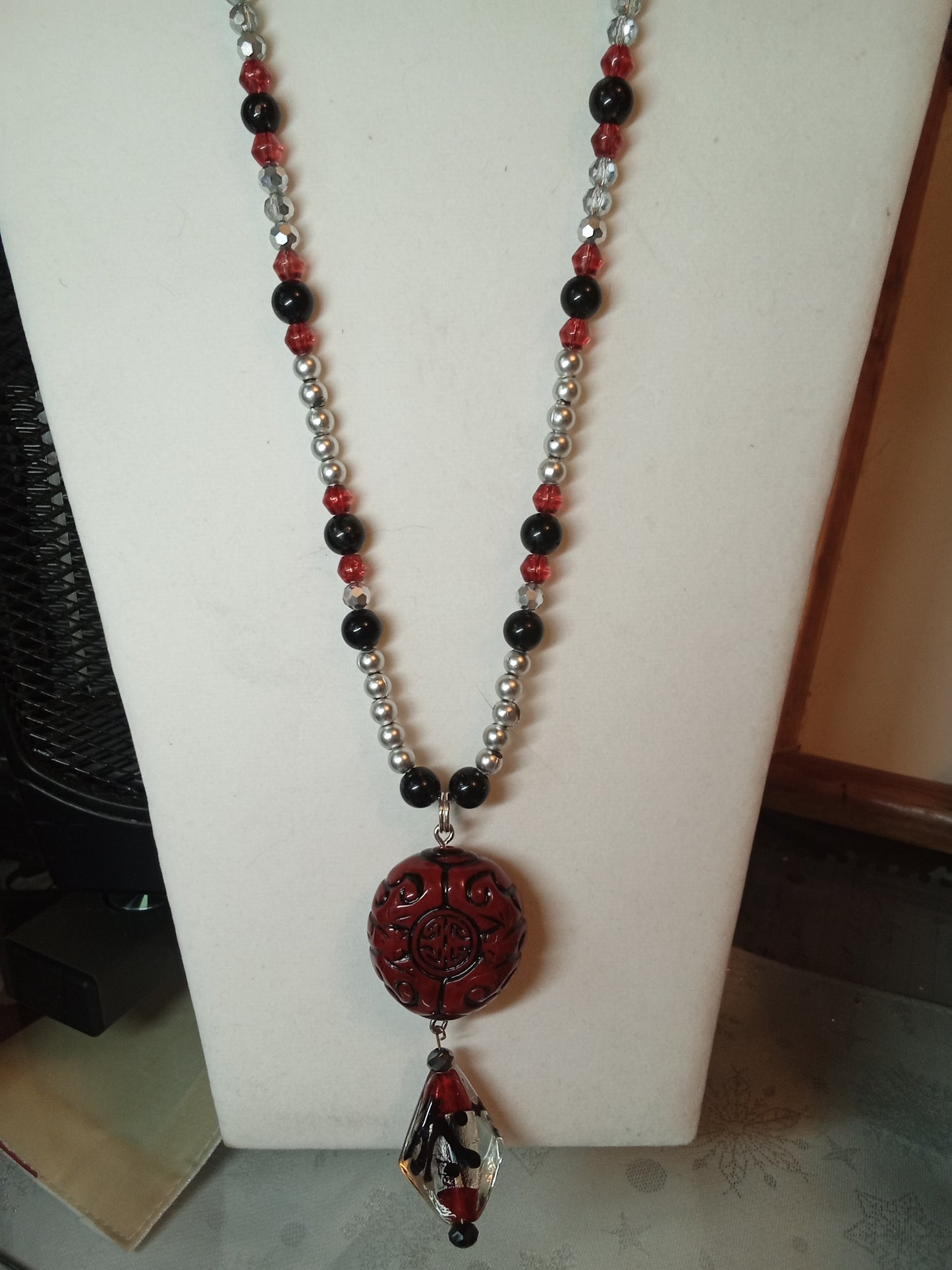 Red,Black,Silver glass pendant necklace