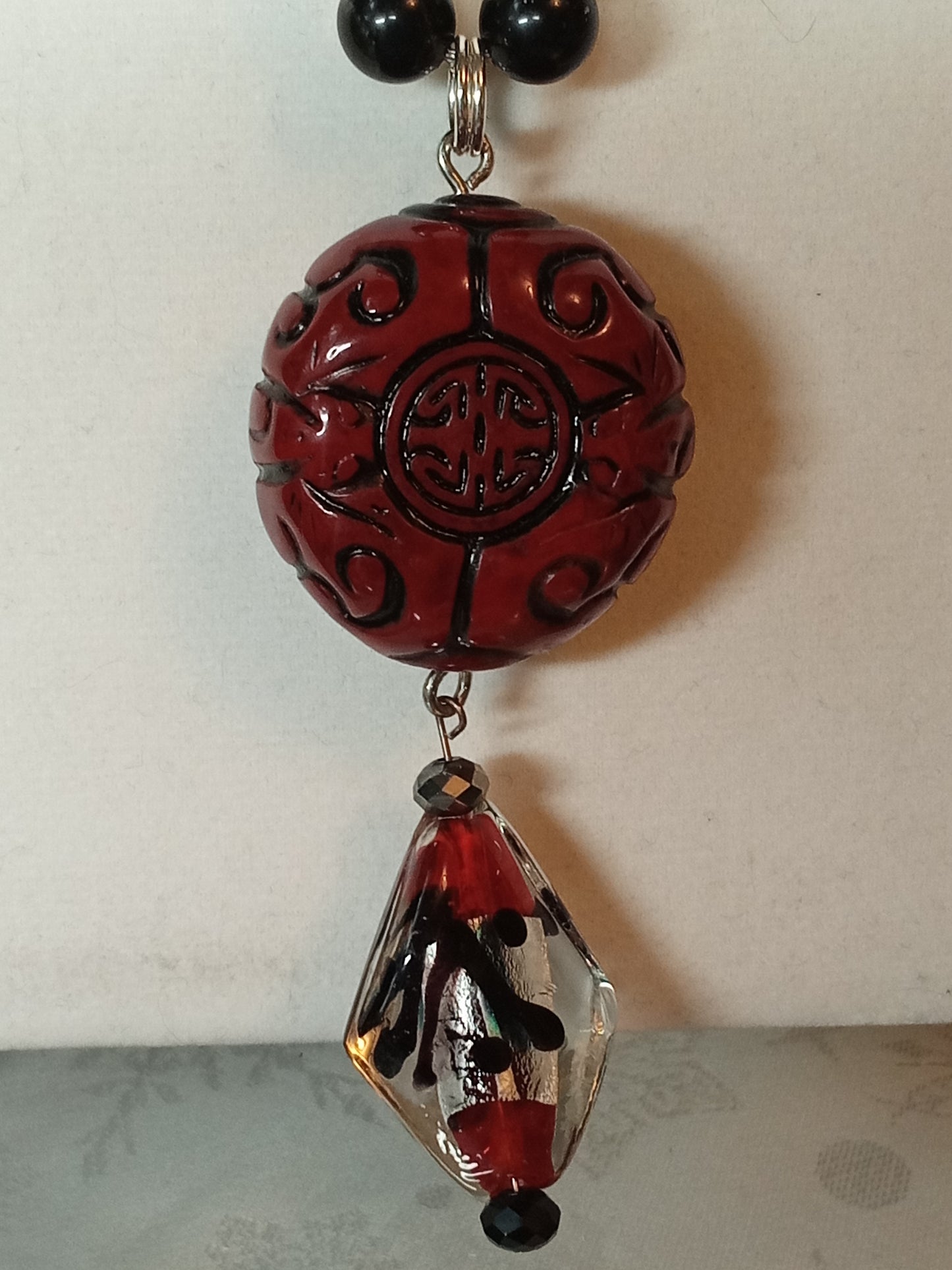 Red,Black,Silver glass pendant necklace