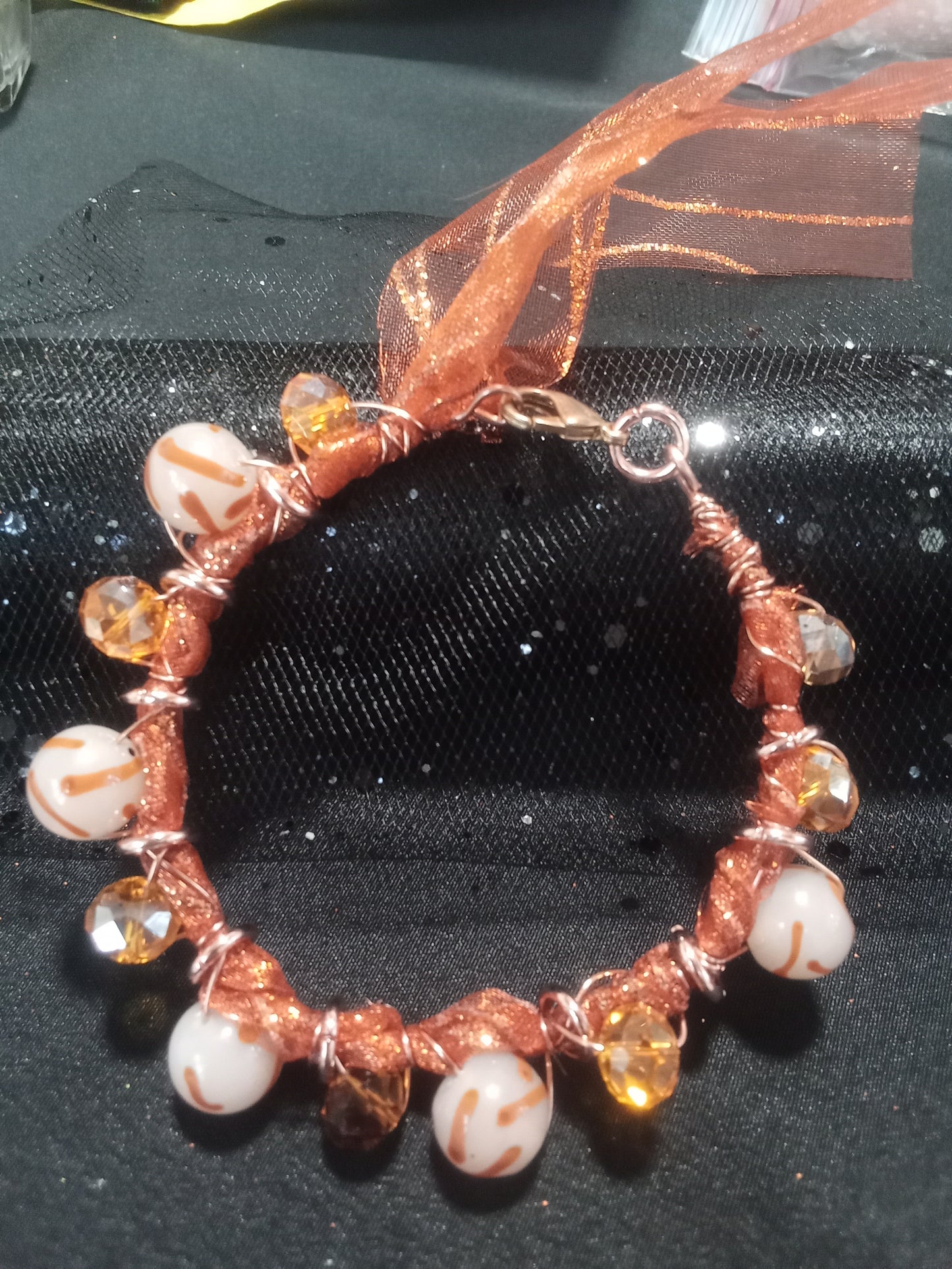 Autumn,/Halloween wire wrapped  orange mesh bracelet.