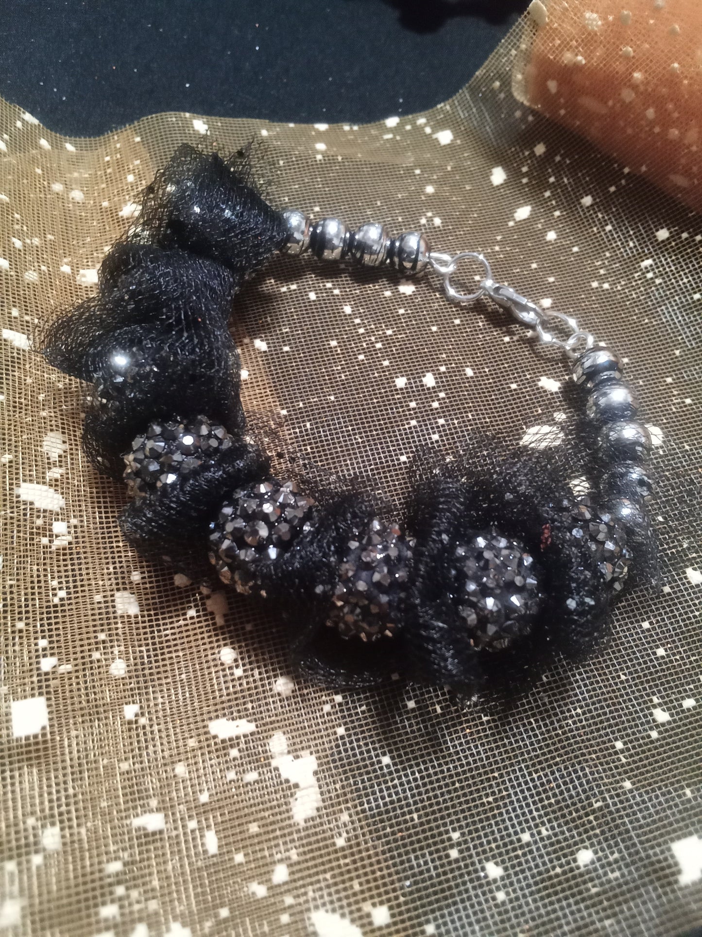 Black and silver beaded wire mesh bracelet