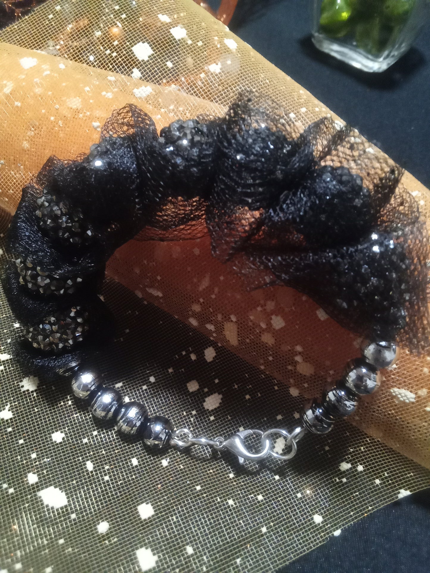 Black and silver beaded wire mesh bracelet