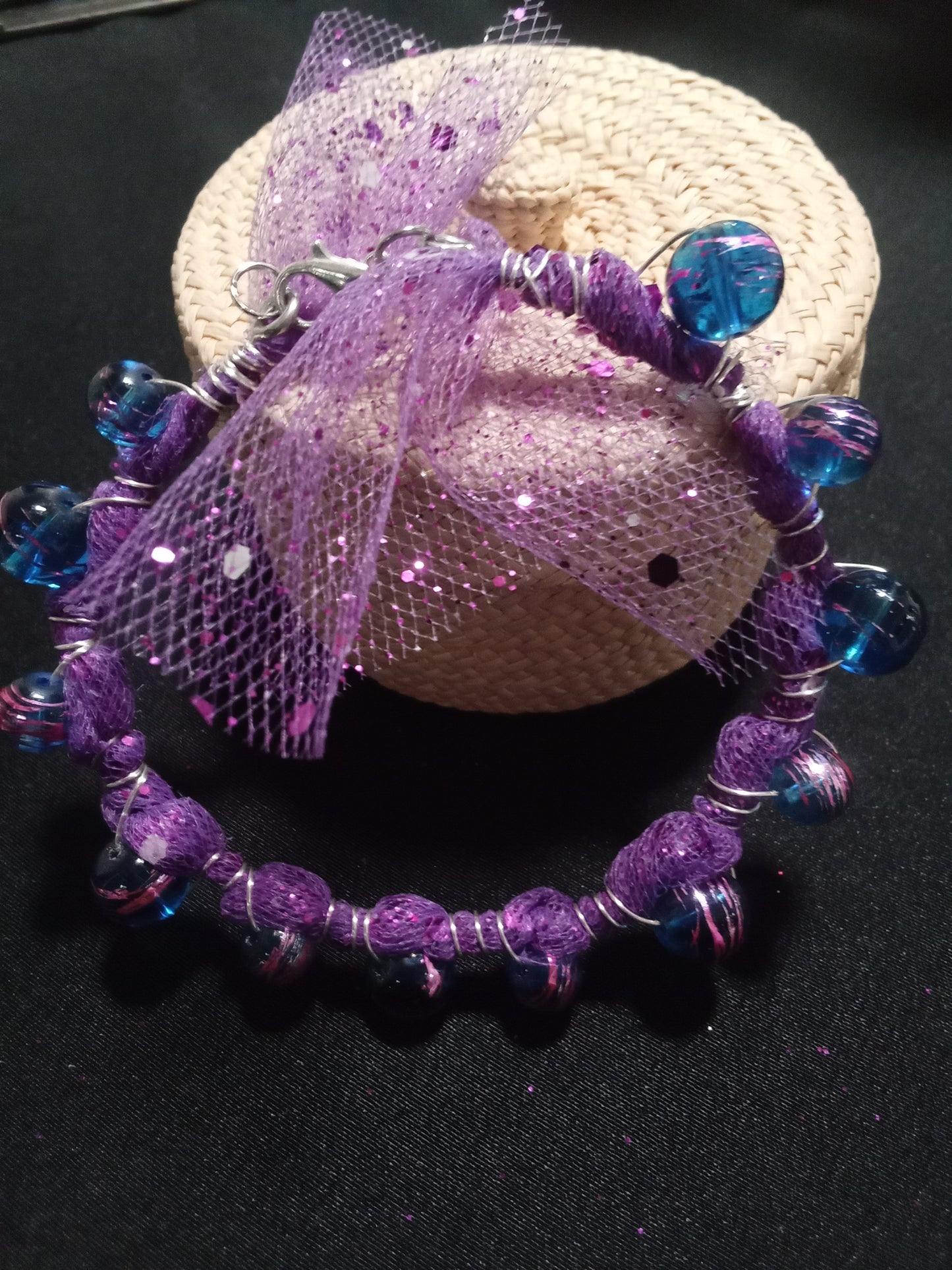 Blue and purple beaded mesh bracelet