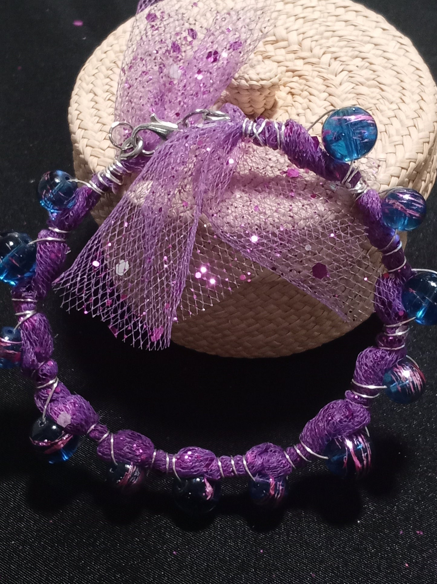 Blue and purple beaded mesh bracelet