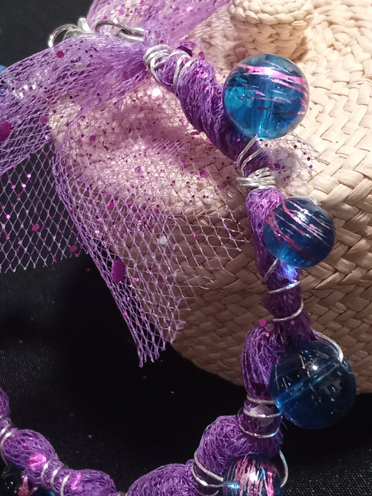 Blue and purple beaded mesh bracelet