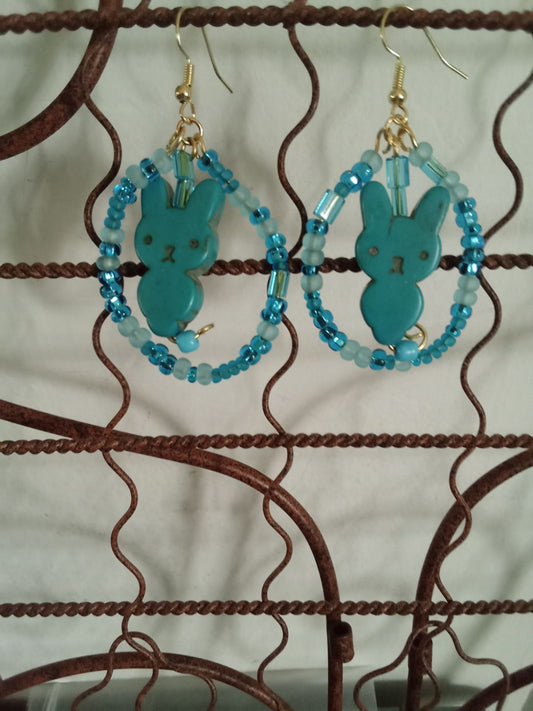 Bunny Earrings with variated blue seed beads.