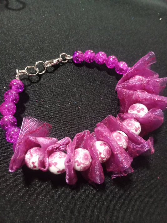 Purple bead and scrunched mesh bracelet