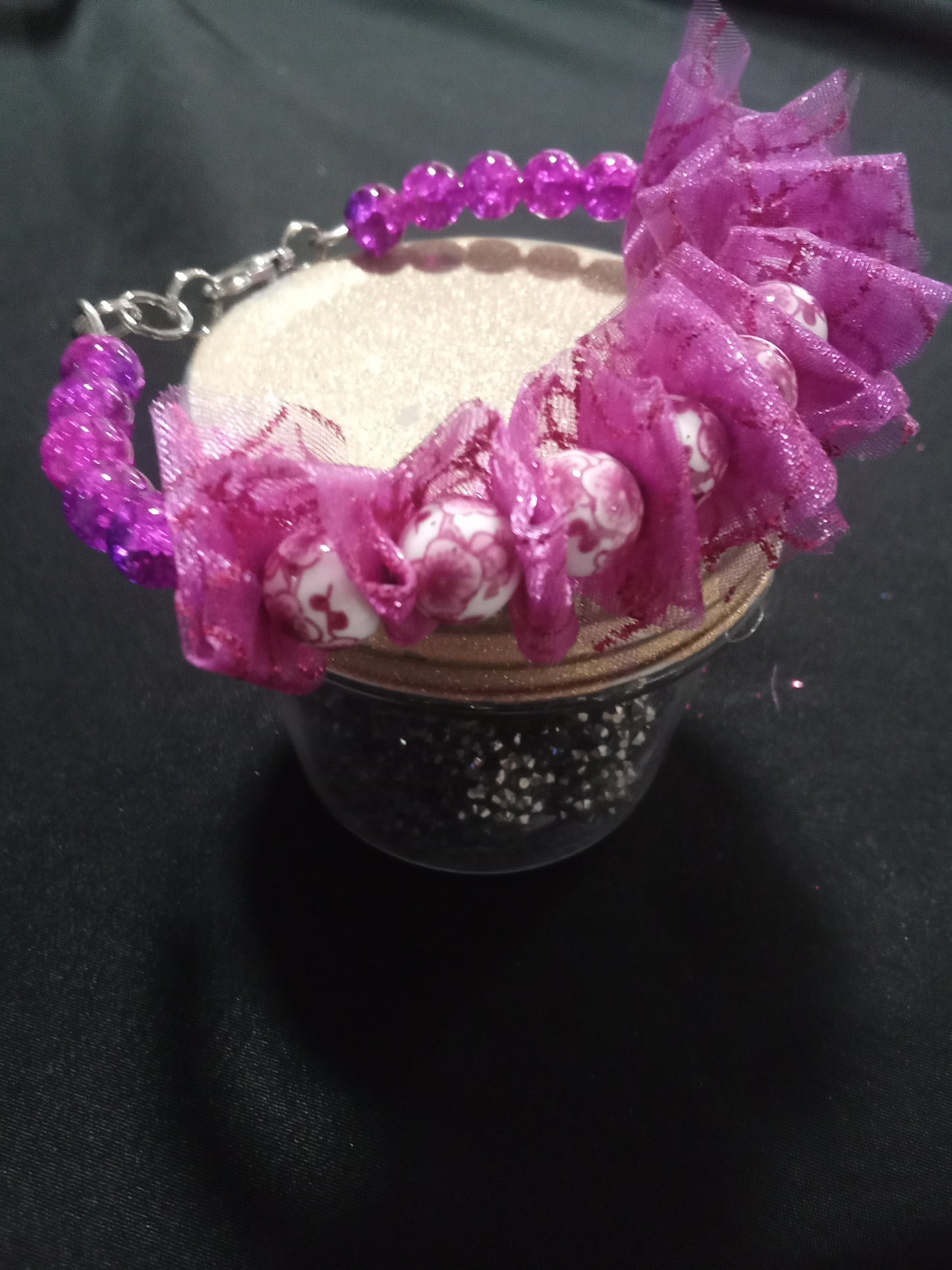 Purple bead and scrunched mesh bracelet